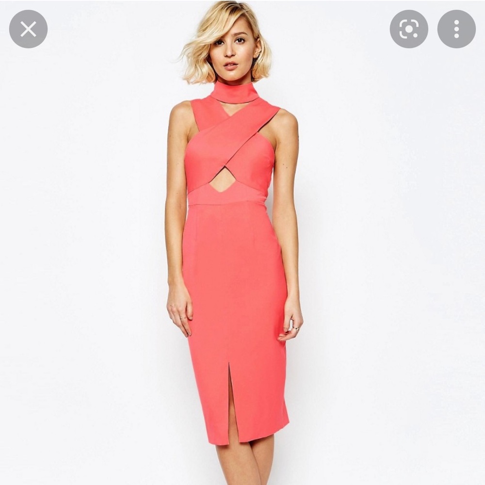 Lavish Alice HIGH NECK CUT-OUT DETAIL MIDI DRESS in Coral